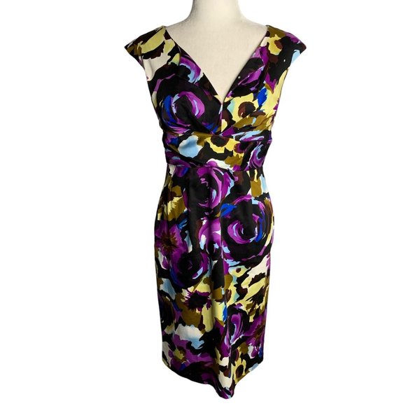 Donna Ricco Sleeveless Sheath Dress 4 Black Floral Zip V Neck Partially Lined - Picture 1 of 6